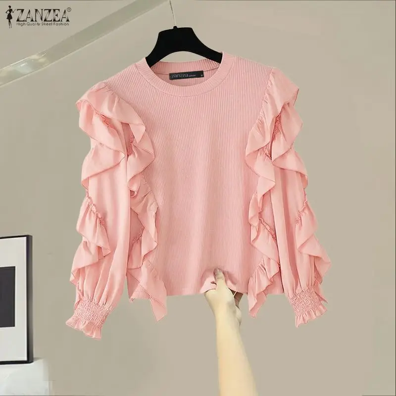 

Женские блузки ZANZEA с рюшами и отделкой, с круглым вырезом, длинными рукавами, однотонные, в рубчик, с лоскутным узором, пуловеры, весенние элегантные блузы