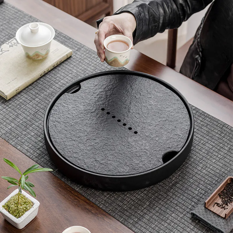 Round Black Tea Tray Modern Slate Luxury Small Kong Fu Stone Tea Tray Teacup Chinese Table bandejas de madera Rectangular Tray