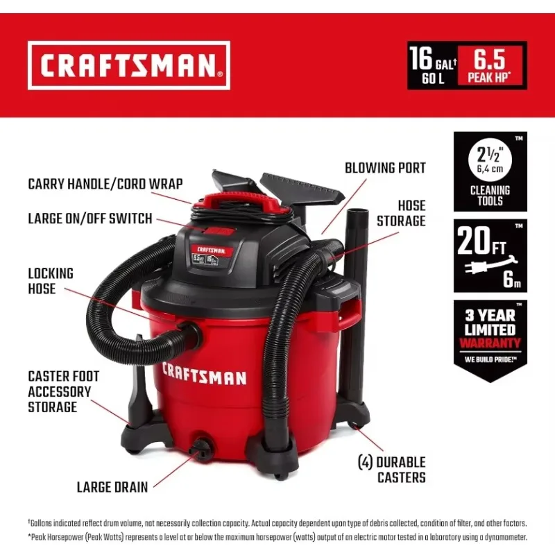 CRAFTSMAN CMXEVBE17595 16 Gallon 6.5 Peak HP Wet/Dry Vac, Heavy-Duty Shop Vacuum with Filter, Dust Bag, Hose and Attachments