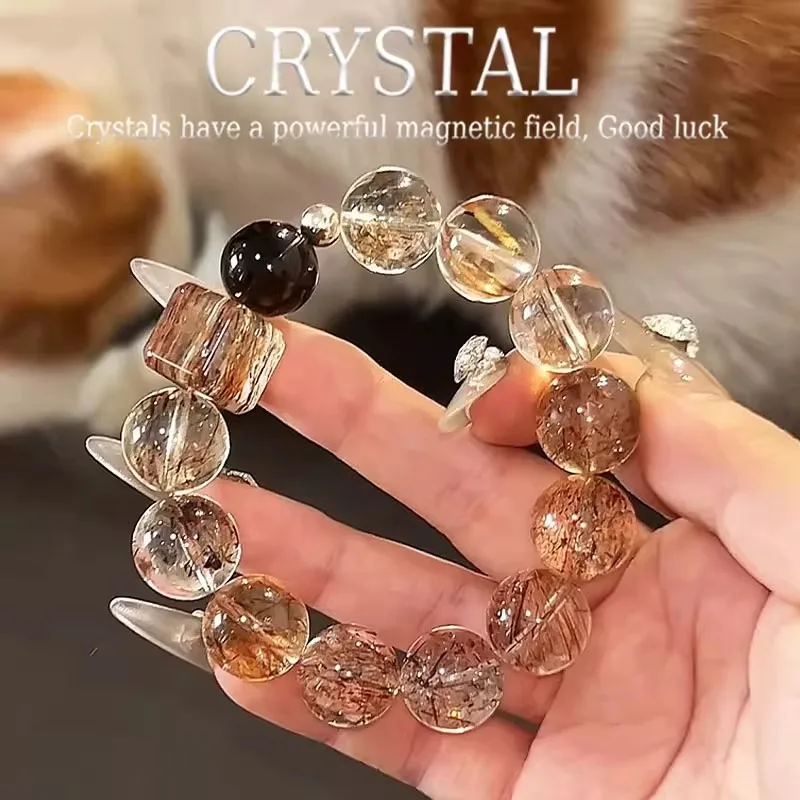 Chinese Style Lucky Black Gold Super Seven Crystal Bracelet 12mm 14mm Square Sugar Rutilated Quartz Beaded Bracelet Wealth Attra