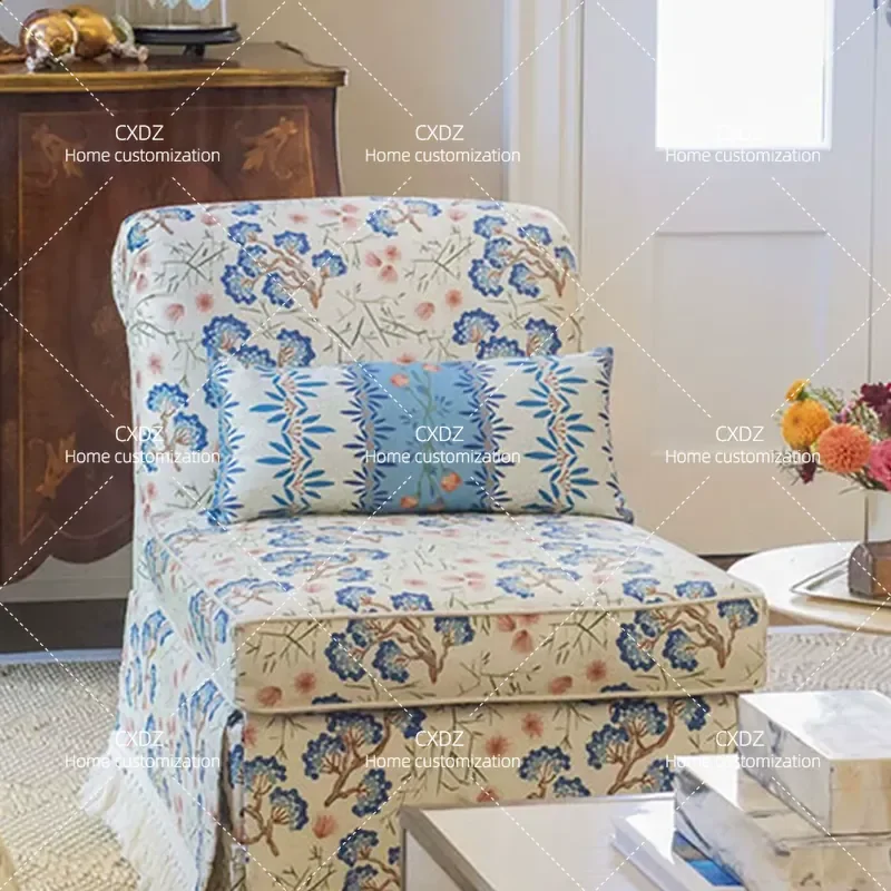 American Pastoral Floral Print Chair Retro Upholstered Armchair Solid Wood Leisure Seat for Small Apartment Living Room