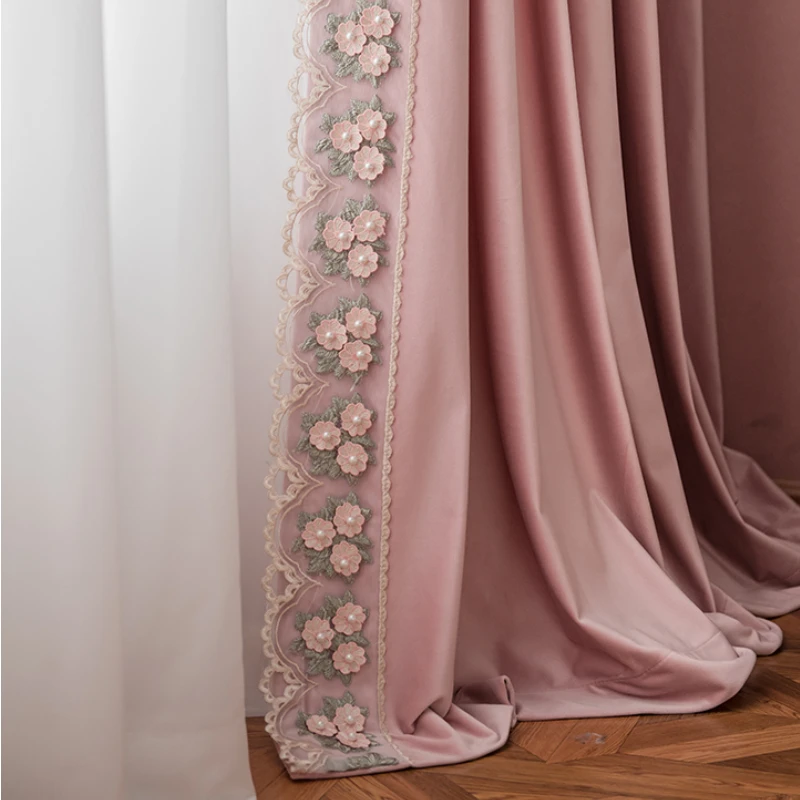 Curtains for Living Room Bedroom Dining Luxury Lace Velvet Pink Curtains Princess Style Blackout Finished Product Customization