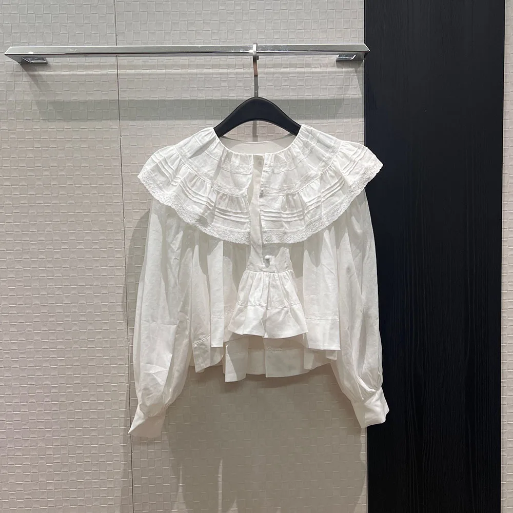 

High-quality 2026 new style women's French lace patchwork ruffled-edge batwing sleeve blouse, elegant and adorable xy150505