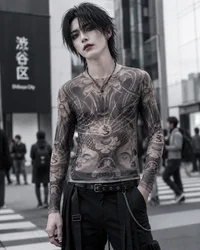 T-Shirt Unisex con Stampa Tatuaggio Gotico, Maglia a Rete a Maniche Lunghe, Top Trasparente Y2K Punk Streetwear Giapponese Harajuku, Vestibilità Slim 2027