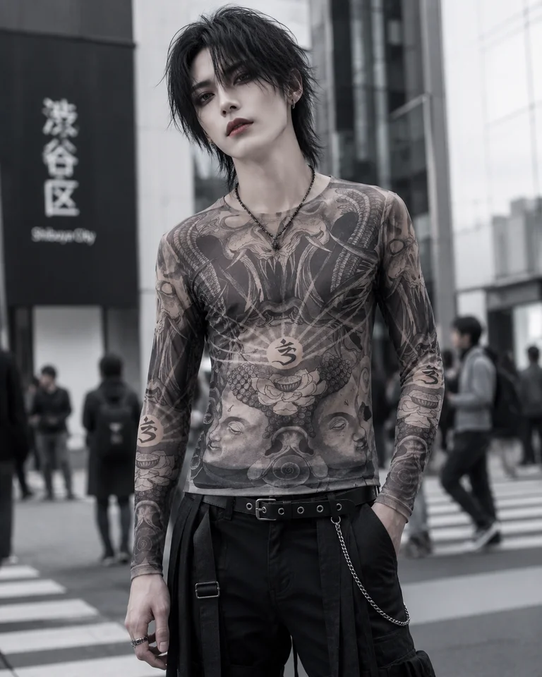 Unisex Gothic Tattoo Print Mesh T Shirt Men Women Long Sleeve