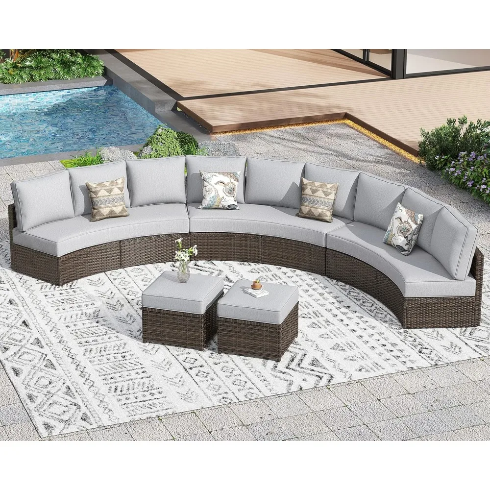 

11 Piece Outdoor Patio Furniture Set, Half Moon Patio Sectional Set with Soft Cushions and Ottoman, All Weather Rattan Wicker Cu