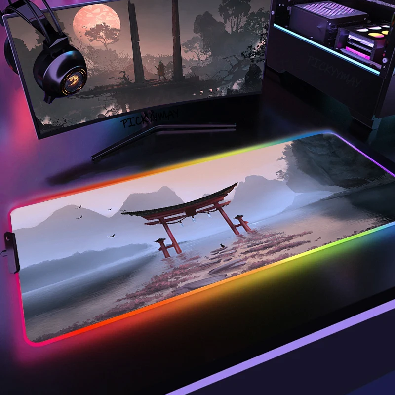 

Anime Japan Torii LED Gaming Mousepads Large Backlight Desk Mat 39.3x19.6in Gamer Mousepad RGB Mouse Pad Luminous Mouse Mat