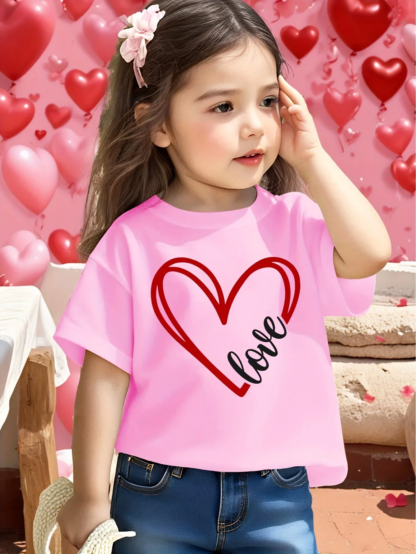 Girls Love Script Double Outline Heart Graphic T Shirt White Heart Love Letter Print Short Sleeve Kids Valentines Casual Top