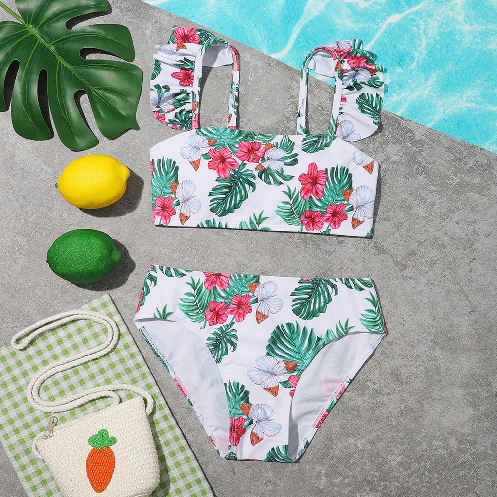 

Girls Floral Print 2Pcs Swimsuits For 8-12 Years Kids Padded Ruffled Summer Bikini Sets Toddler Girls Beachwear Swimwear