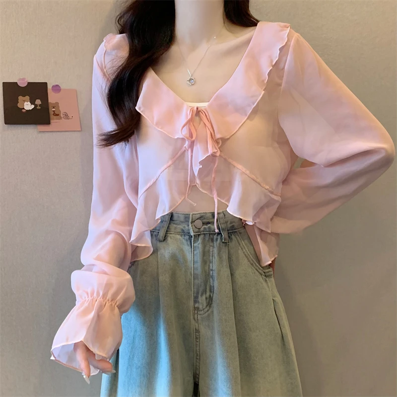 Women Bell Sleeve Flyaway Blouse Tie Front Ruffled Chiffon Crop Tops Bolero Teen-girl Sheer Cover Up Fairycore Femme Boho Outfit
