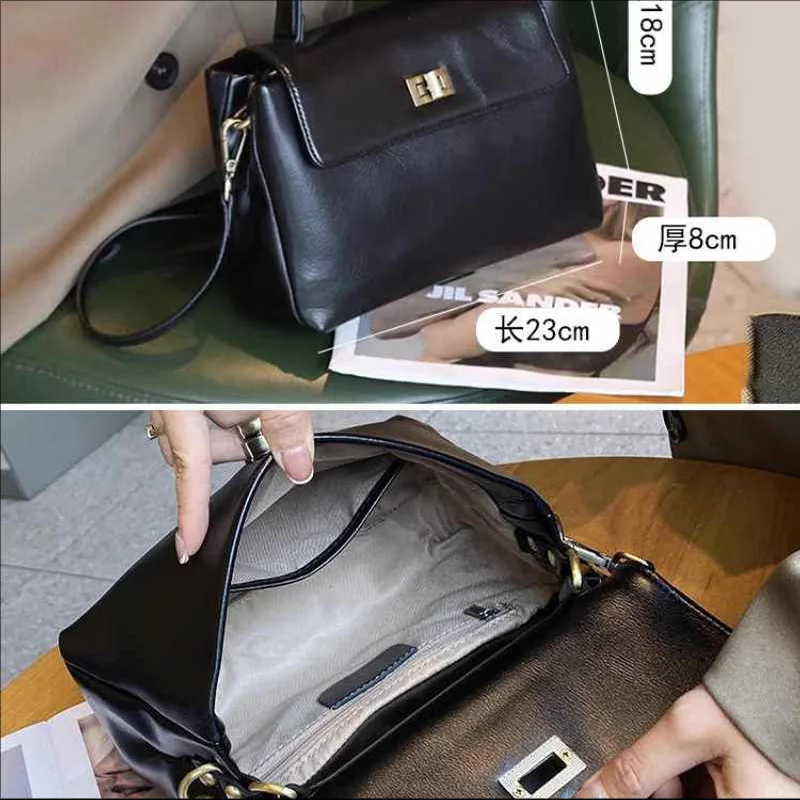 Real leather satchel bag for women flip square hand vintage shoulder bag commuter large capacity for women