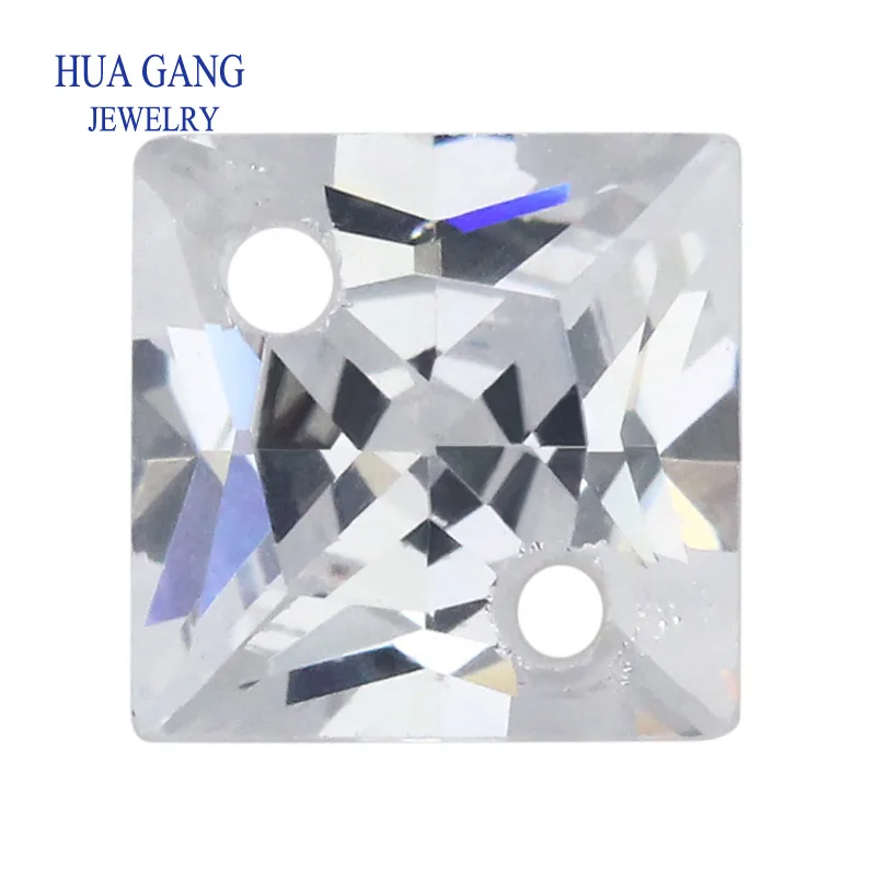 With Two Holes Synthetic Gems Perforated Beads White Square Shape Princess Cut Loose CZ Stone Cubic Zirconia For Jewelry