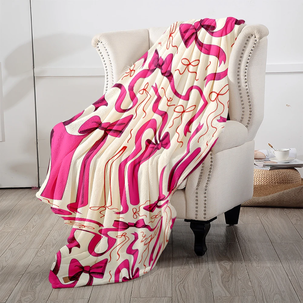 Cream Pink Bows Ribbons Super Soft Flannel Blanket Fuzzy Warm Throw Blanket for Bed Couch Cozy Plush Bed Cover All Season