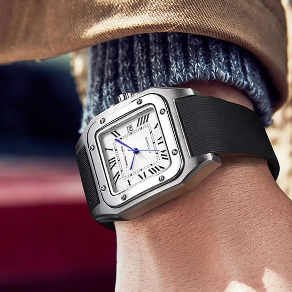 ساعة ميكانيكية أوتوماتيكية مربعة فاخرة على الطراز الأوروبي والأمريكي للرجال، تصميم هيكل عظمي، ساعة يد رجالية عصرية كاجوال متعددة الاستخدامات، هدية عيد الحب لصديقها، الاختيار الأفضل للهدايا