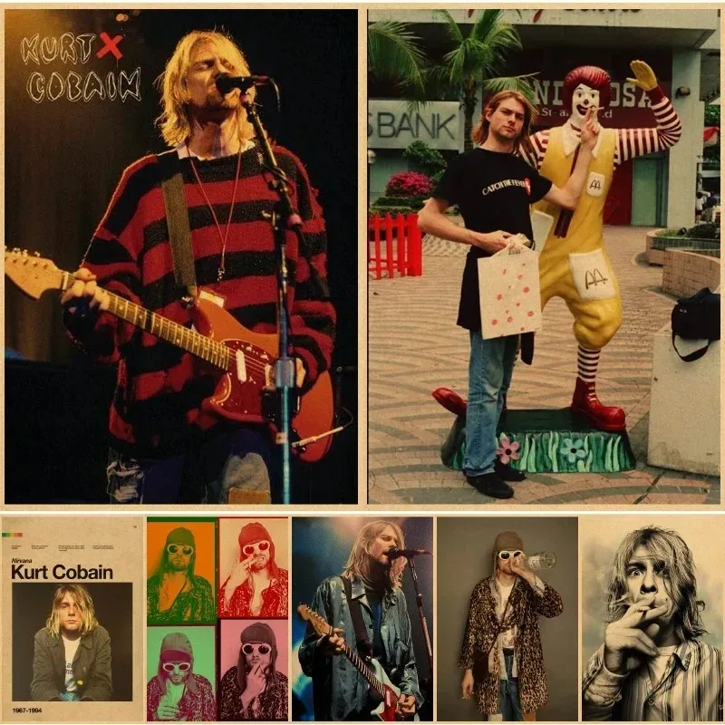 Kurt Cobain Singer Posters Rock and Roll Music Retro Kraft Paper Sticker Room Vintage Bar Cafe Decor Gift Art Wall Paintings