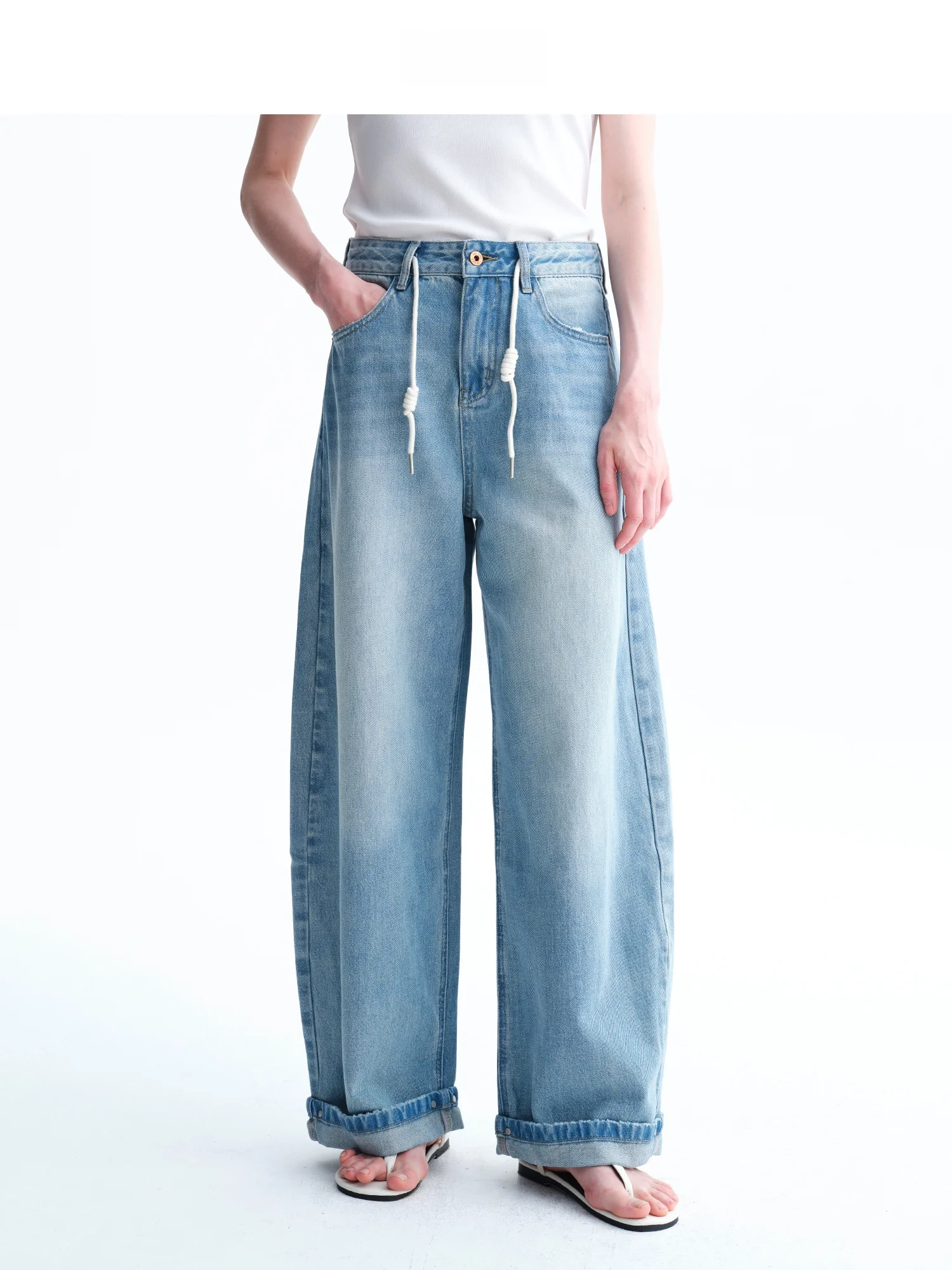 

Natural Cotton Denim Washed Blue Drawstring Loose Cuffed Long Pants High Waist Wide Leg Jeans Casual Daily Women's Fashion