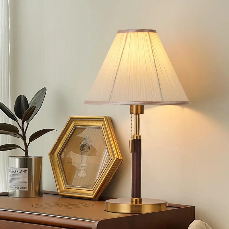 

French Iron Base Wooden Pull Cord Switch Table Lamps White Fabric Lampshade Living Room Bedroom Restaurant Office LED Desk Light