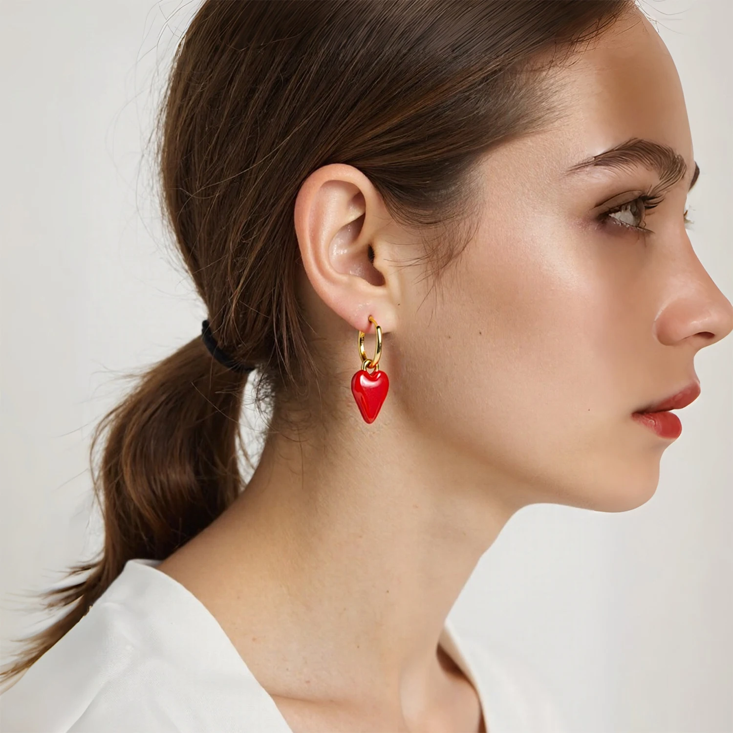 Red Enamel Heart Earrings, Convertible Detachable Design, 18K Gold Plated Stainless Steel, Jewelry Gift for Women