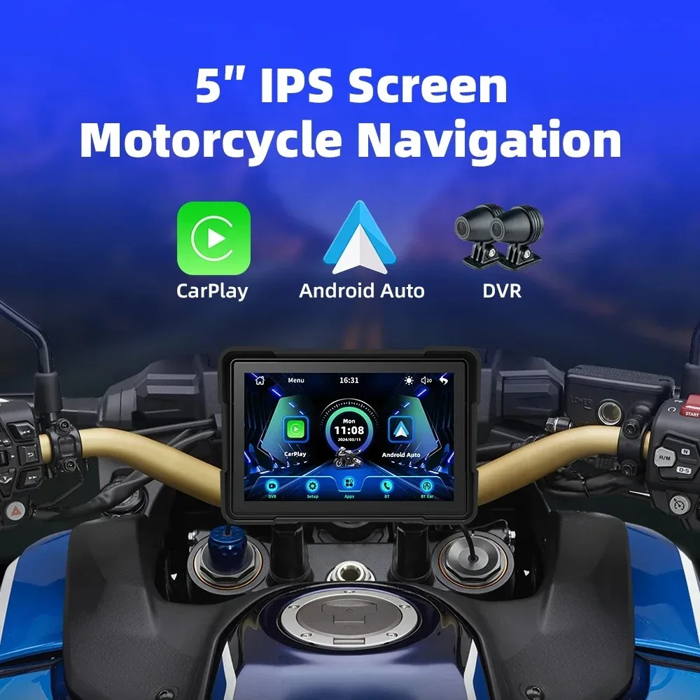 EKIY Portable 5inch Motorcycle GPS Navigation Wireless Carplay Android Auto DVR Drive Recorder Moto Monitor WIFI