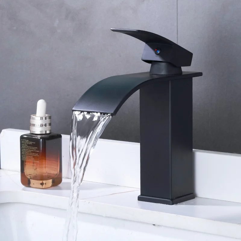 Nordic Black Waterfall Hot & Cold Basin Faucet, Anti‑Splash Vessel Sink Tap for Bathroom Vanity Cabinet