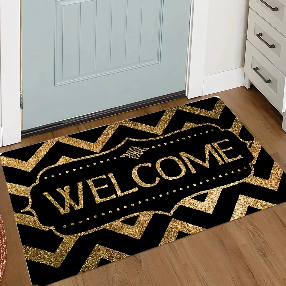 VIKAMA Gold Glitter Chevron Welcome Black Luxury Elegant Art Crystal Velvet Door Mat Non Slip Entryway Bedroom Living Room Home
