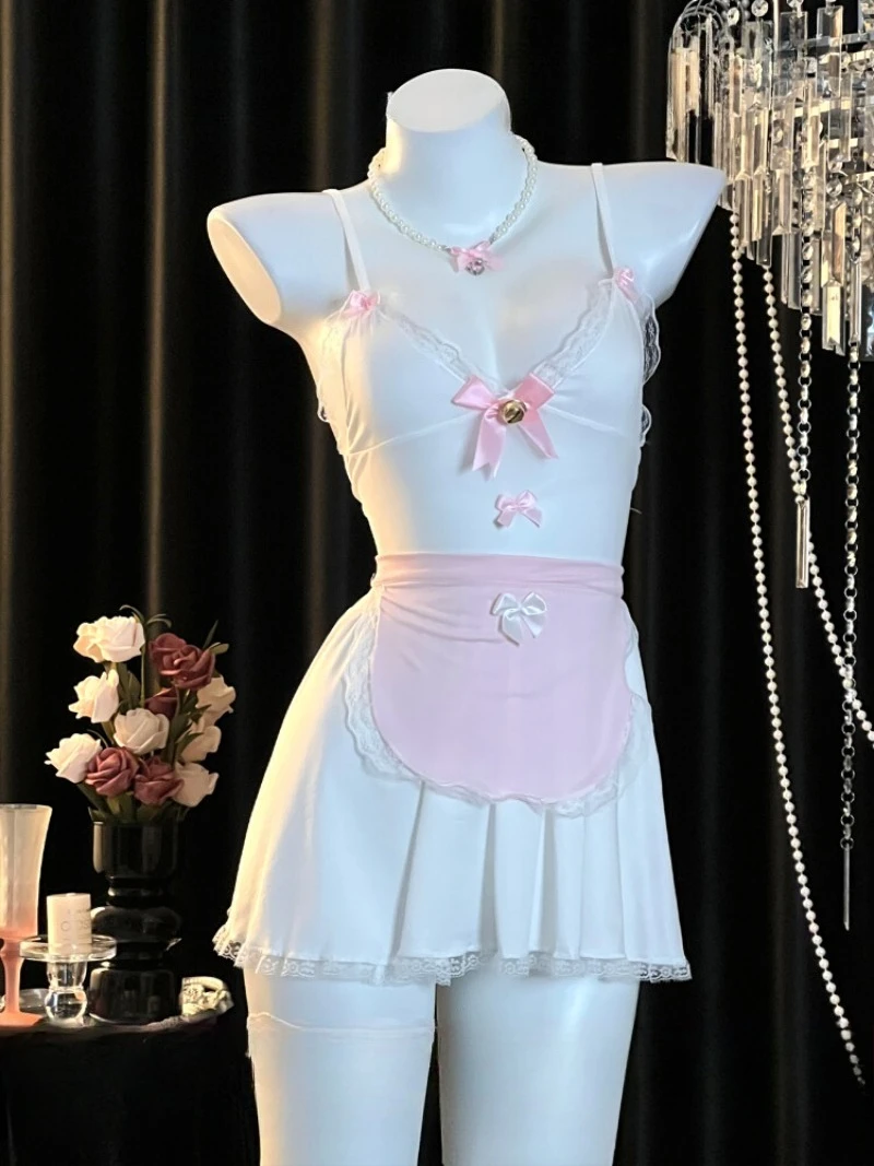 

Белый наряд в стиле медсестры, мини-платье Halter для женщин, элегантный дизайн с кружевной отделкой, романтическая домашняя одежда, пижамный комплект для косплея