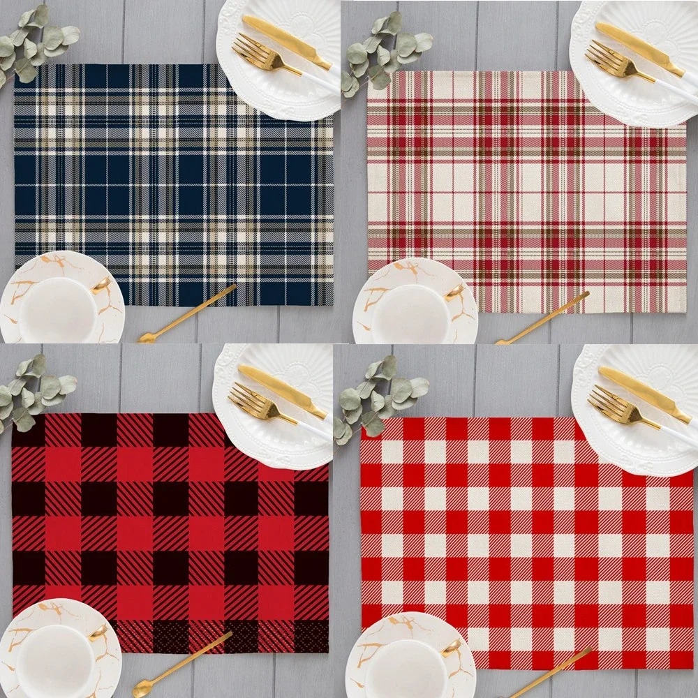 Classic Big Scotland Plaid Placemats Print Pink Khaki Navy Blue Grid Cup Pads Kitchen Dining Room Vintage Holiday Drink Coaster