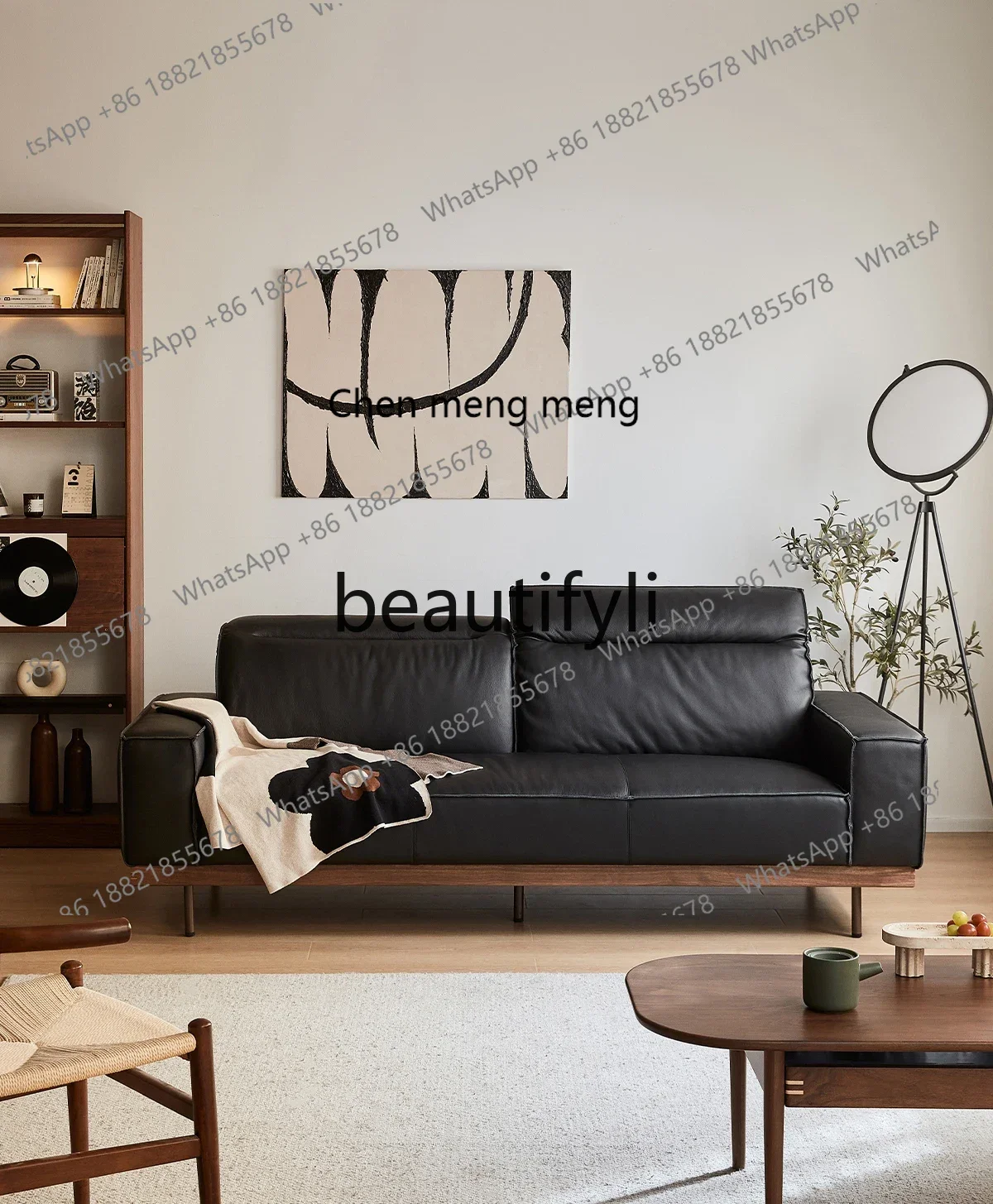 N178 Leather sofa small apartment living room straight row first layer cowhide sofa black light luxury simple leather sofa5556