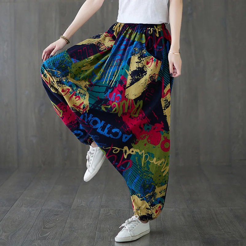 Baggy Cotton Linen Print Bloomers Women Thai Indian Harem Pants Loose Elastic Waist Aladdin Nepal  National Style Lantern Pants