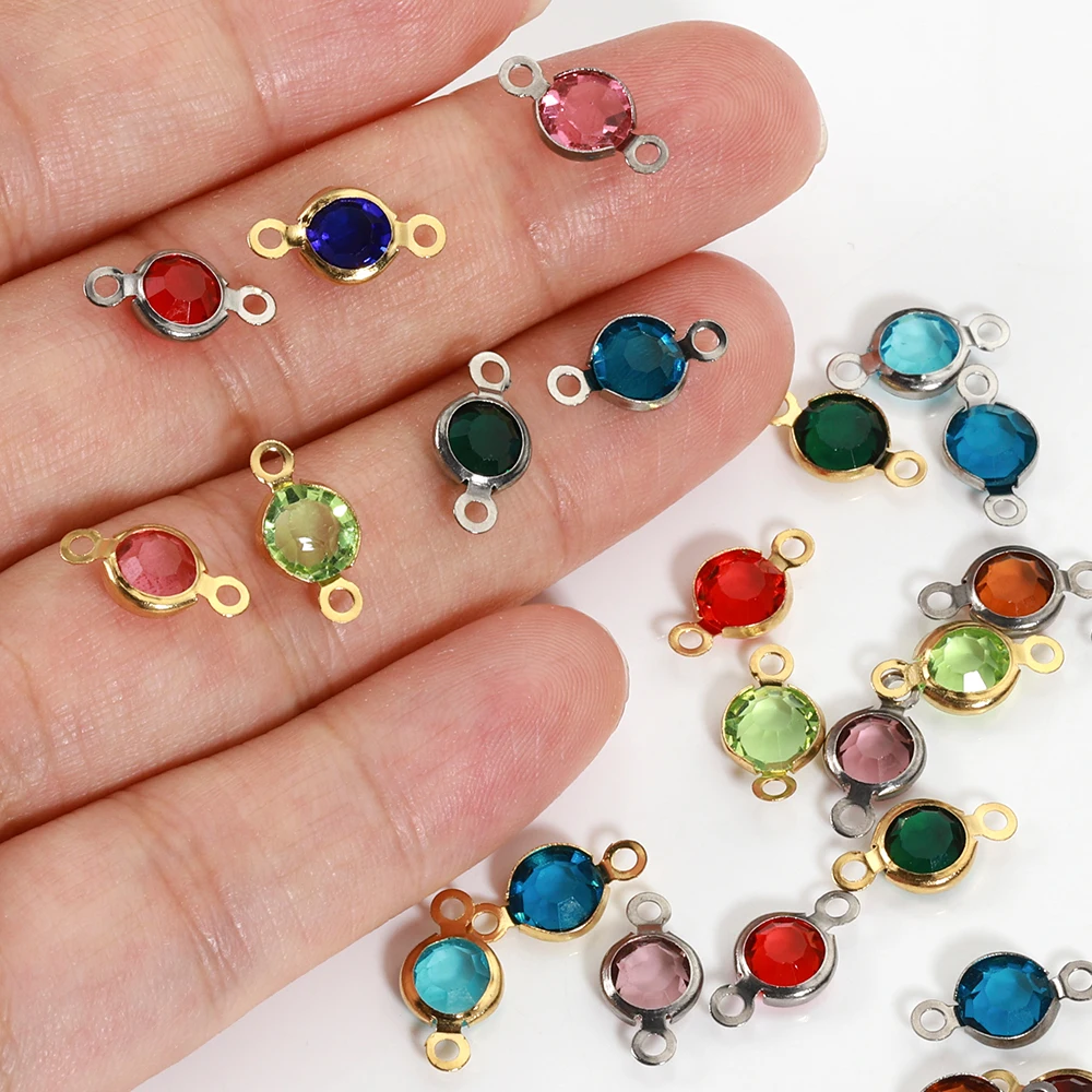 20pcs Stainless Steel Rhinestone Charms Double Hole Birthstones 6mm Crystal Pendants for Necklace Bracelet Jewelry Making DIY