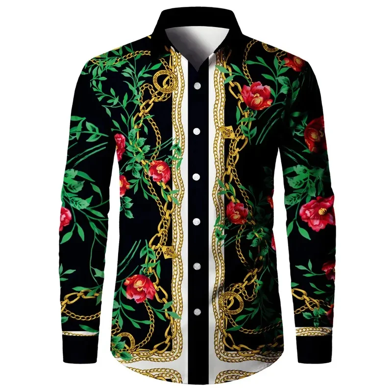 

Роскошная мужская рубашка с длинным рукавом с 3D золотой цепочкой и принтом в стиле барокко, гавайский топ с длинными рукавами и воротником на пуговицах