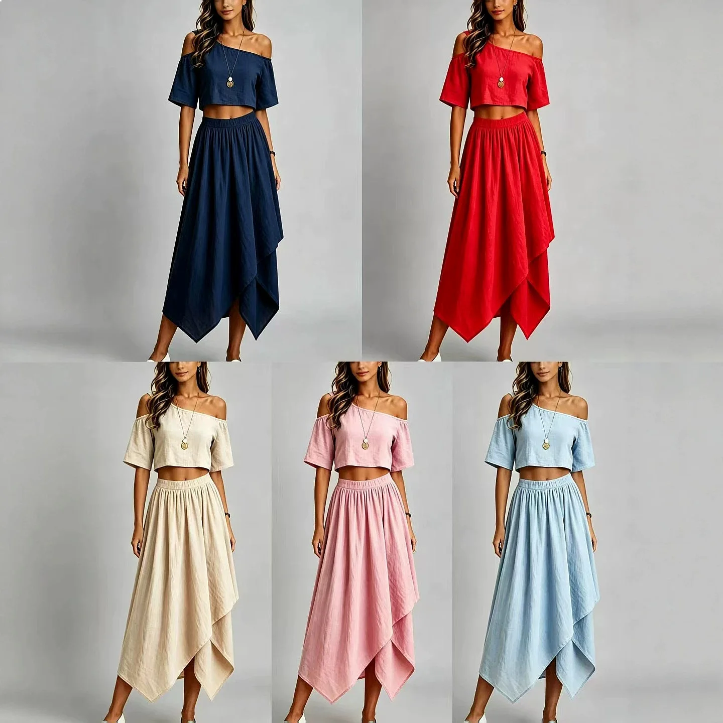 Bohemian One Shoulder Matching Set Women Dresses Elastic Waist Asymmetrical Hem Maxi Skirt Two Piece Outfit Spring Summer