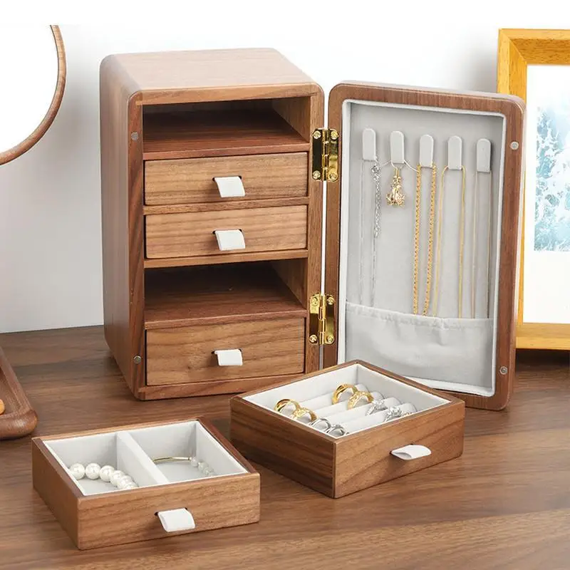 

Walnut Jewelry Box 5-layer Wooden Storage Box Refrigerator-shaped Drawer Organizer Brass Handle Jewelry Organizer Jewelry Tray