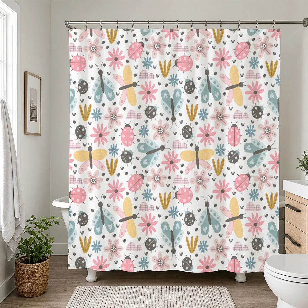 Waterproof Cute Butterfly Ladybug Pattern Shower Curtain Liner for Bathroom Decor Kids Nursery Washroom Home