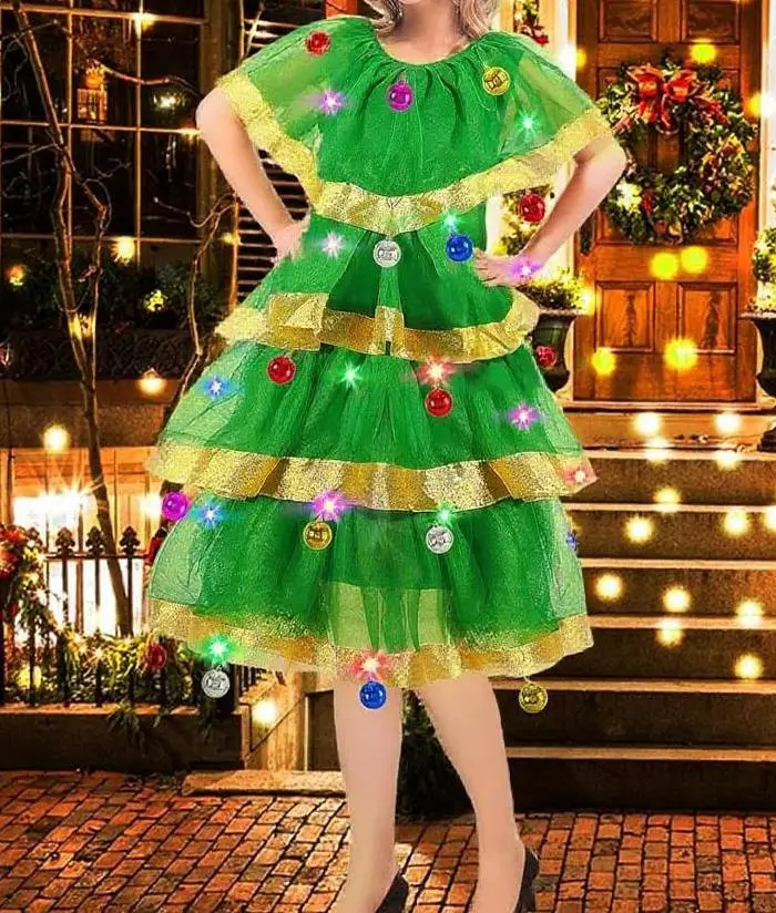 Novo traje feminino de árvore de natal, vestido de tule em camadas com babados, fantasias cosplay para festas s m l