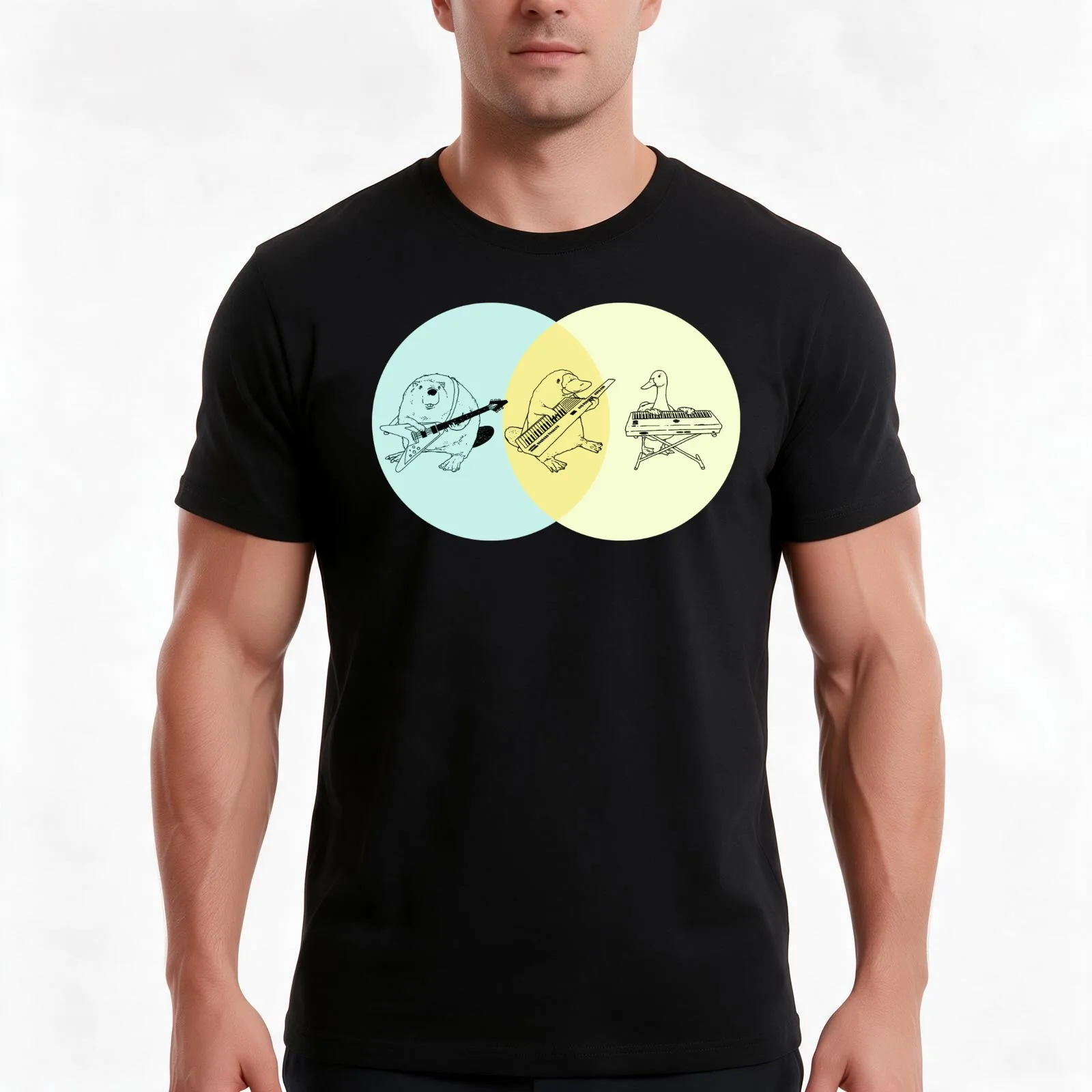 Keytar Platypus Venn Diagram - Blue Orange Yellow T-Shirt, Summer Casual Cotton Tee, Oversized Streetwear Tops, Unisex Men Women