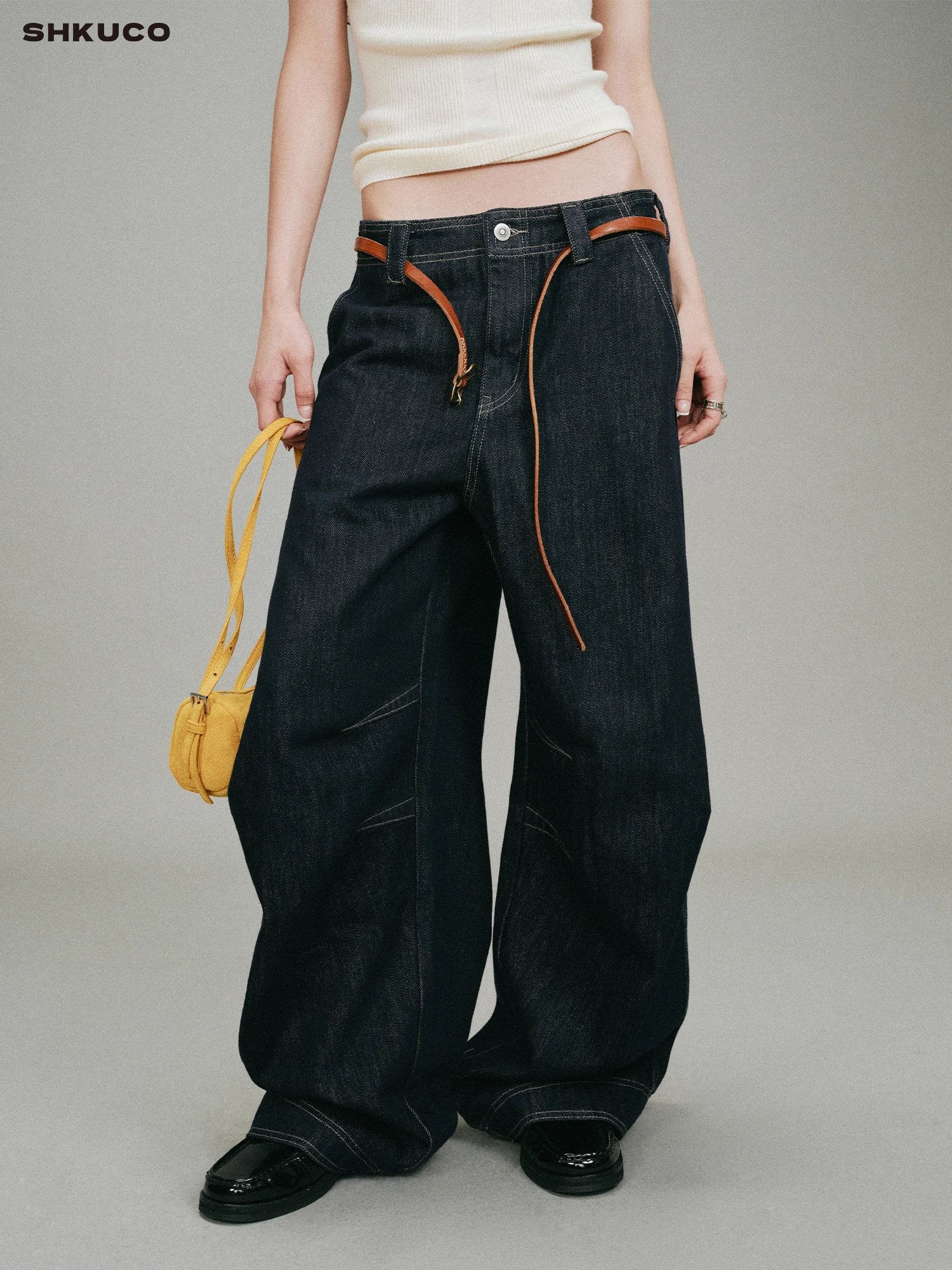 SHKUCO Vintage Washed Loose Comfortable Wide Leg Jeans Low Waist Casual Cotton Women's Jeans Neutral Gender Autumn Fashion