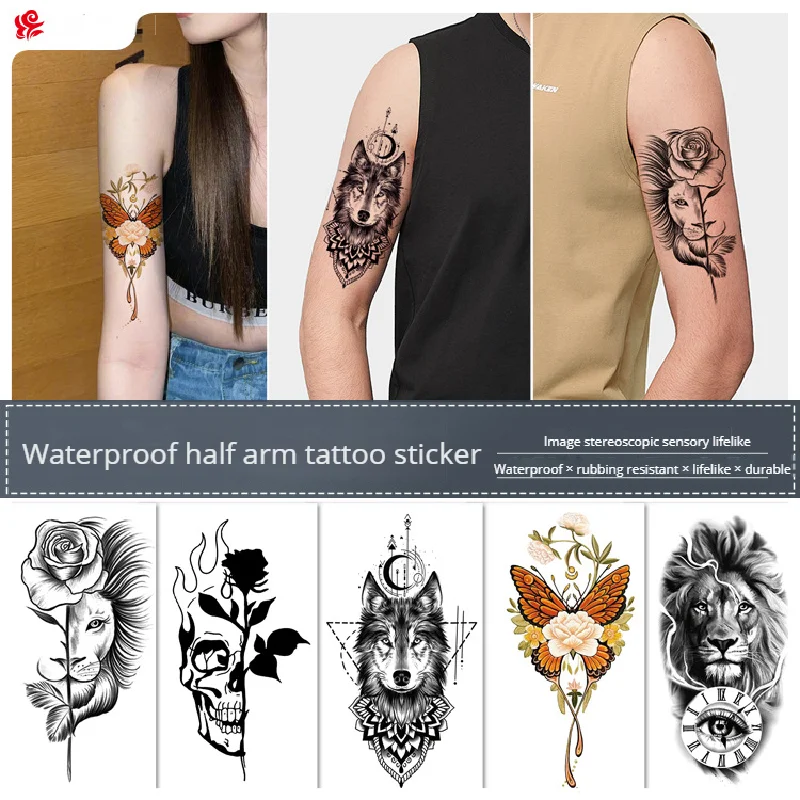 Tattoo Sticker Half Handmade Semi Mechanical Flower Lion Animal Black And White Temporary Tattoos Sticker On Sale 210*114mm