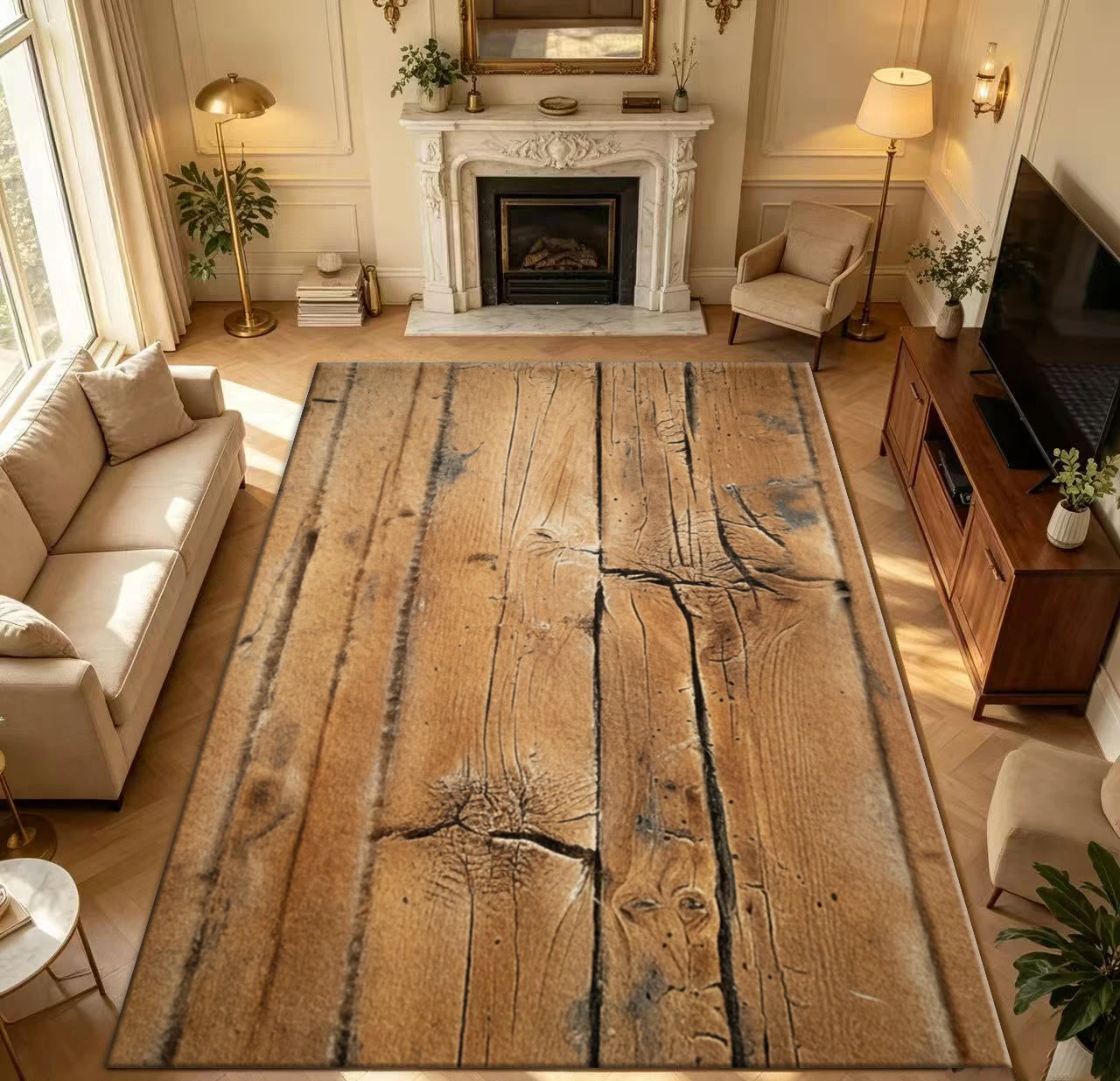 Vintage Distressed Wood Plank Carpet Rustic Farmhouse Wood Grain Texture Carpet Non-Slip Washable Indoor Floor Mat Home Decor