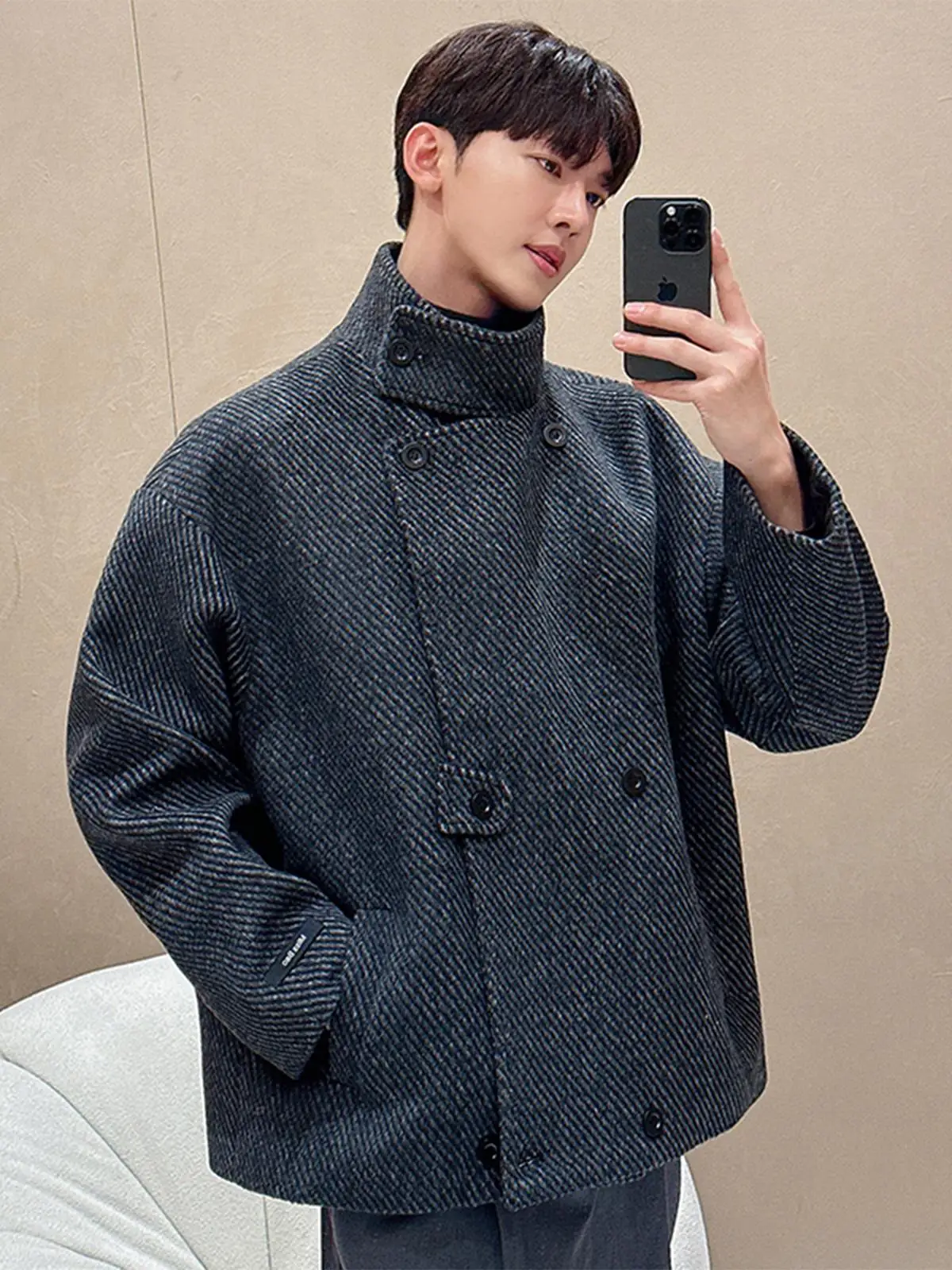 

Корейское утепленное шерстяное пальто для мужчин на осень-зиму, с воротником-стойкой, двубортное, в полоску, повседневное