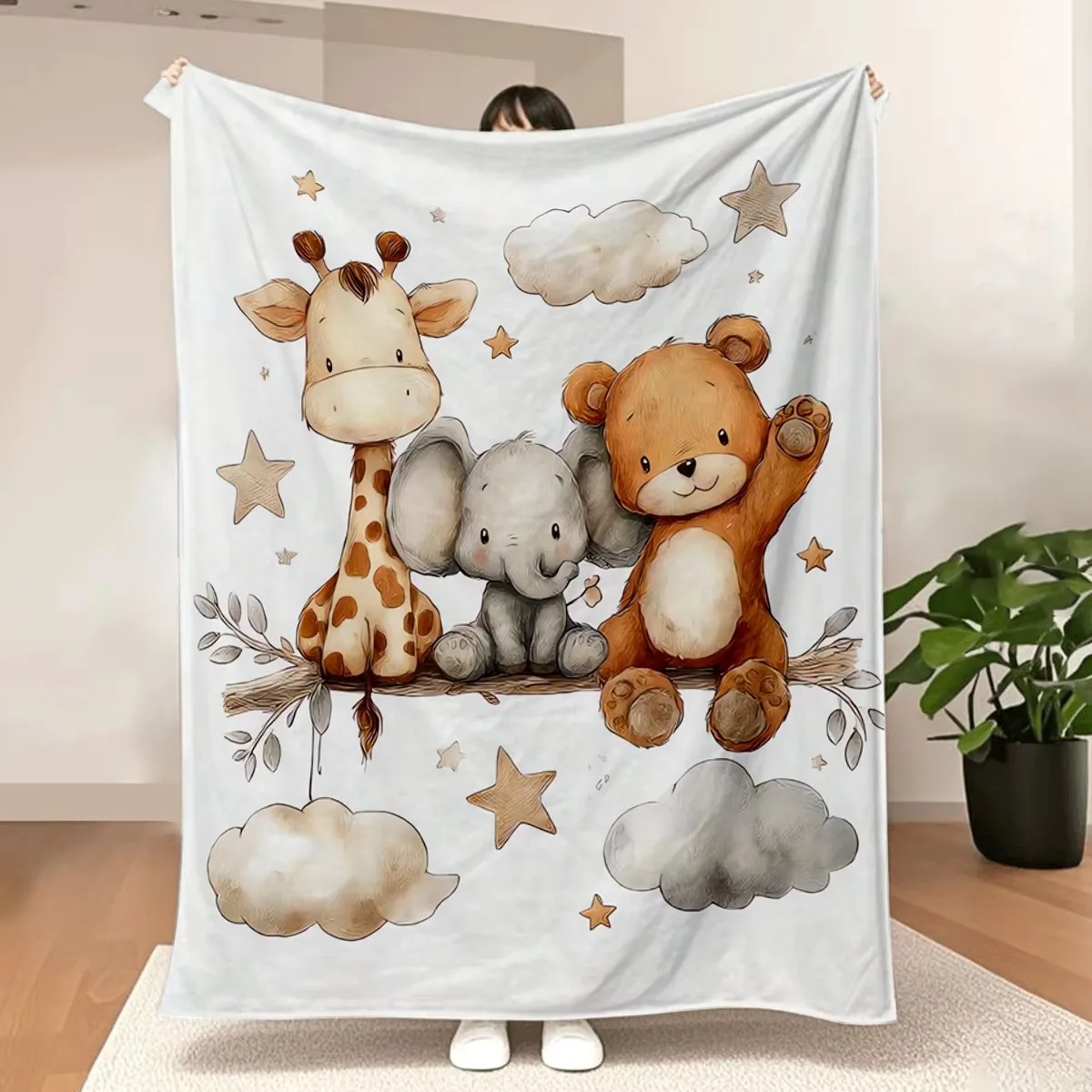 Animal Print Plush Blanket Giraffe Elephant Teddy Bear Pattern Soft Lightweight Bedding For Bed Sofa Couch Home Decor Gift