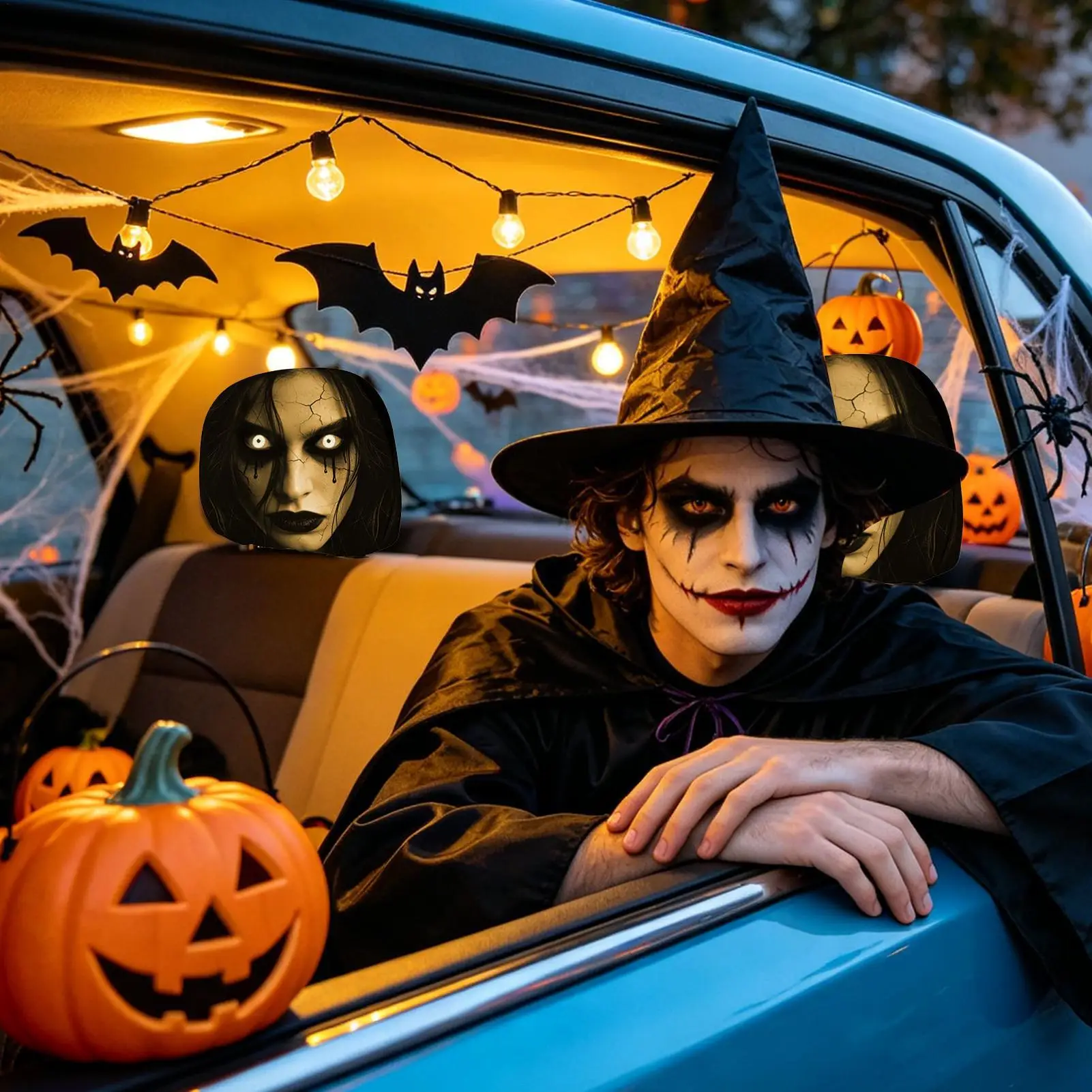 2pc Halloween Face Printed Car Pillowcase Soft Comfortable Decorative Washable Polyester Fabric Cushion Cover Auto Seat Headrest