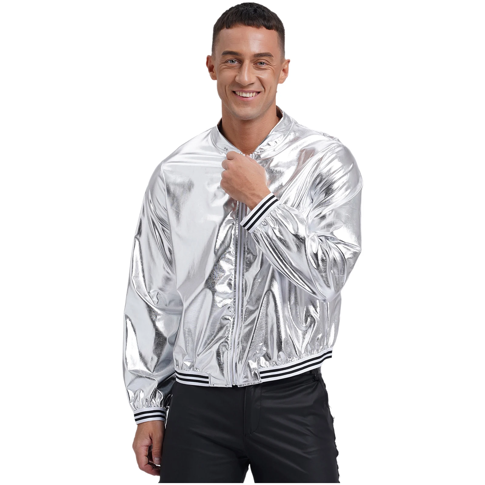 Mens Bomber Jacket Metallic Shiny Long Sleeve Zipper Striped Band Outerwear Baseball Jacket Coat Clubwear Stylish Streetwear