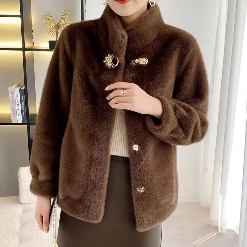 Winter New Mink-Like Coat Women Fur Jacket Thickened Stand-UP Collar Outwear Short Mink Velvet Overcoat Female Fashion Tide Tops