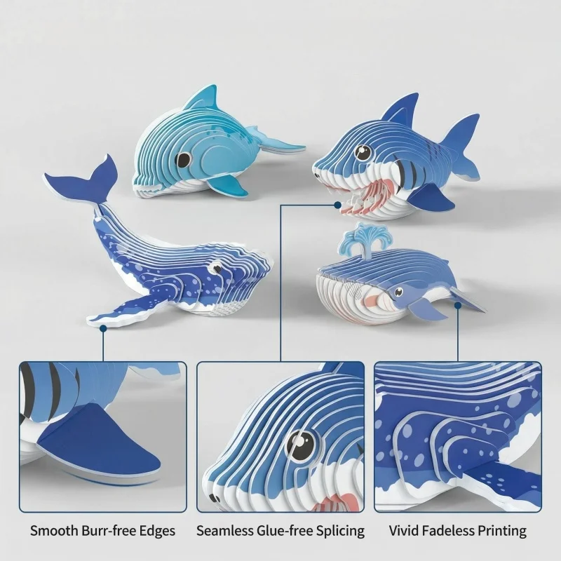 Set of 4 3D Marine Animal Puzzles, Dolphin, Shark, Whale DIY Cardboard Models, Educational Handmade Toys for Children