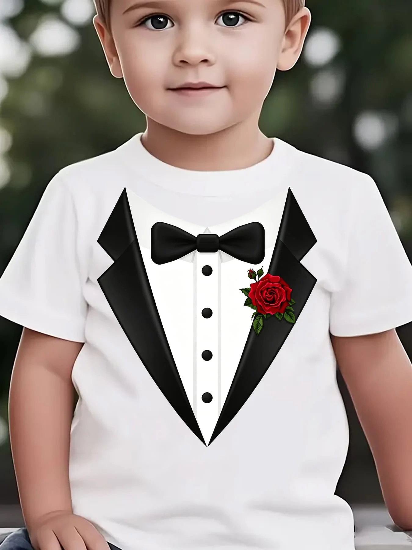 Kids Boys Girls Family Matching T Shirt Tuxedo Suit Bow Tie Red Rose Print Short Sleeve Tee Casual Parent Child Daily Tops