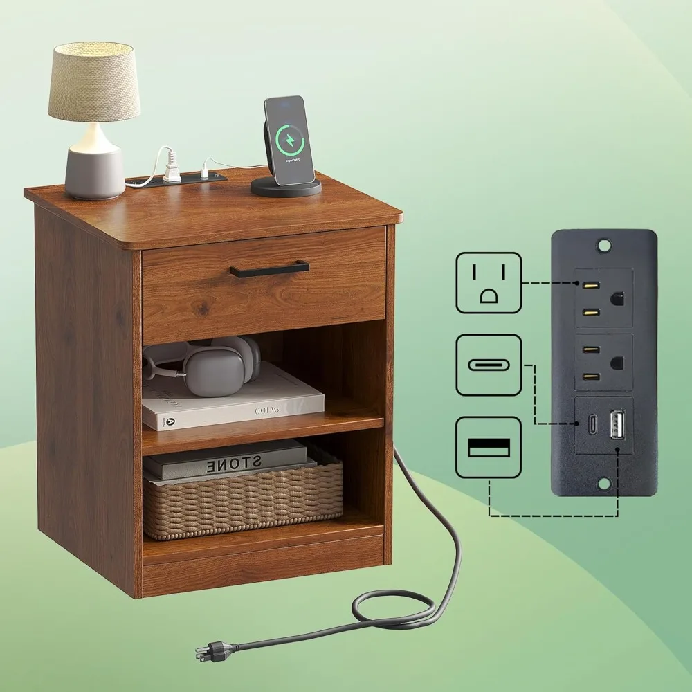 

Everyday Side Table with Fast Charging Station - USB C Cable Fast Charging, Wooden Brown Nightstand Bedside Table with Drawer, E