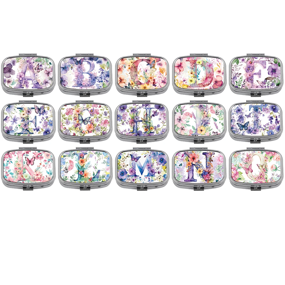 Beautiful A-O Letters Metal Medicine Box with 2 Compartments Portable Travel Sealed Small Pill Organizer Container Storage