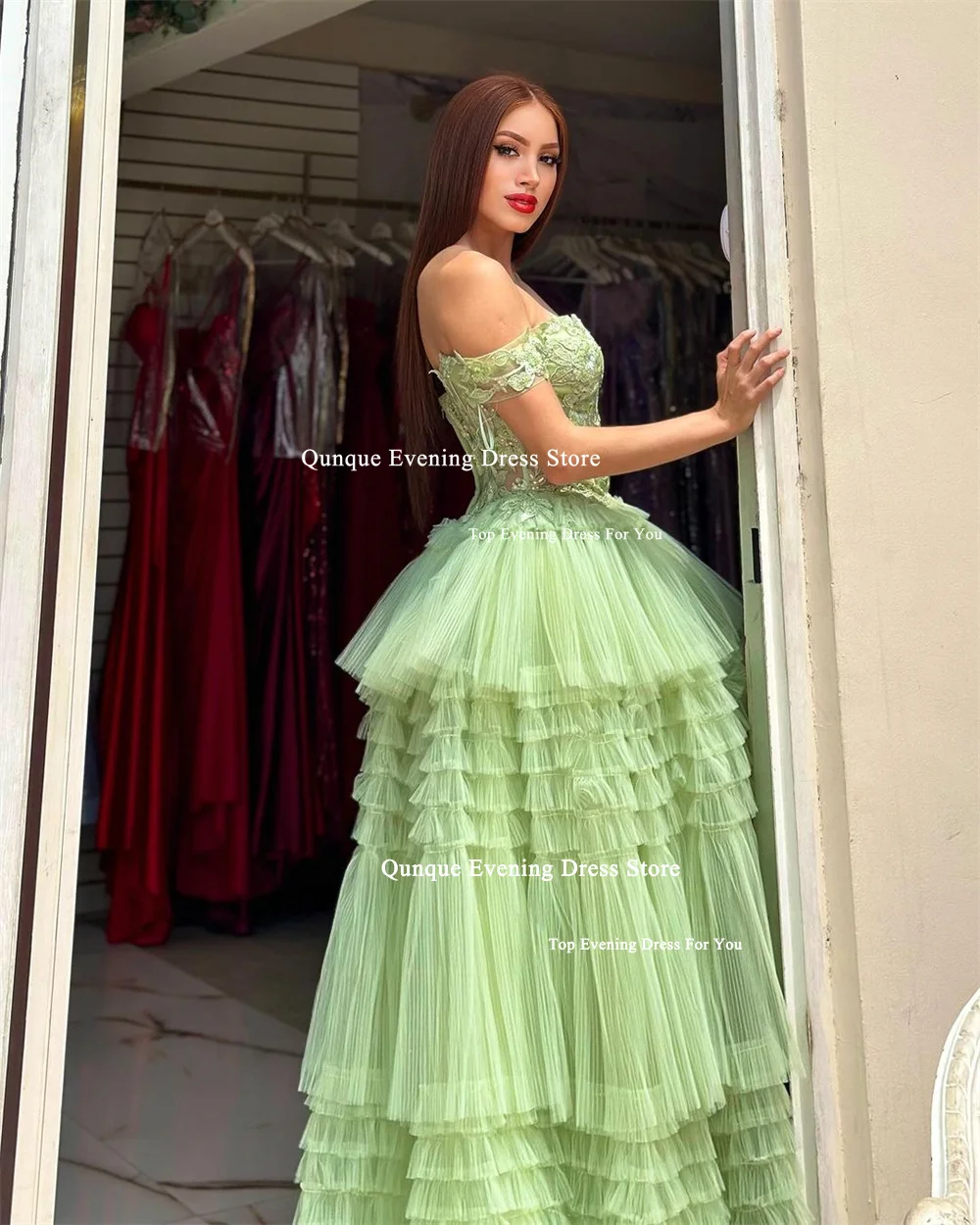 Qunque Sweetheart Mint Green Tiered Tulle Prom Dress Customized Appliques Beaded Gorgeous Robes De Cocktail Birthday Dresses