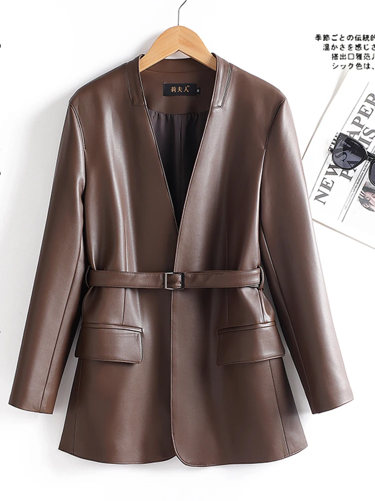 2025 spring and autumn new leather jacket women's medium and long small suit lace-up waist trench coat sheepskin jacket